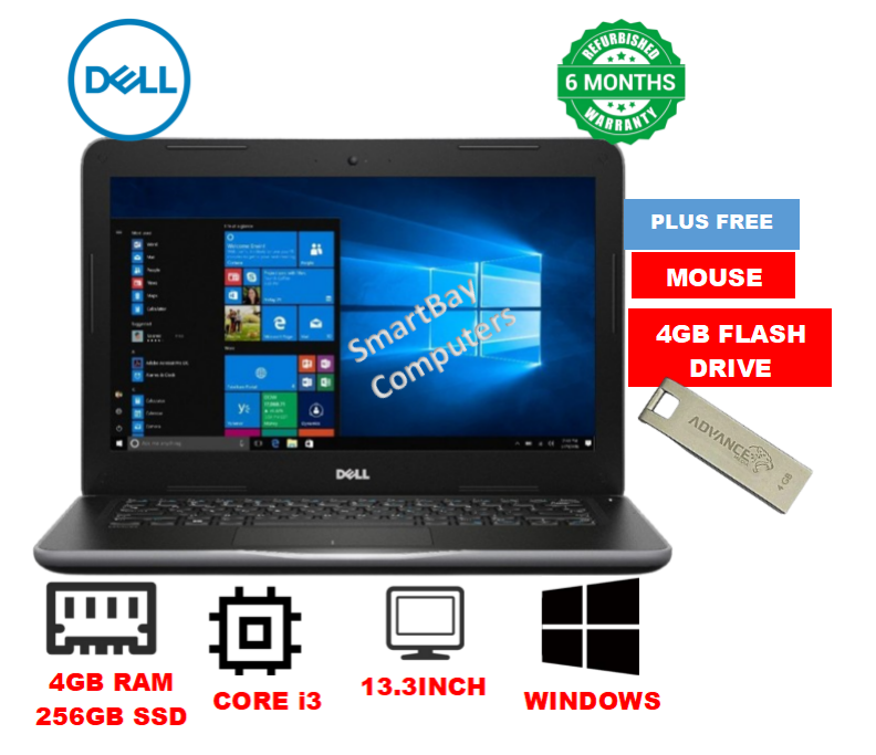 ( FREE GIFTS) Dell Latitude 3380 Core i3 4GB RAM + 256GB SSD 13.3" inch Display Refurbished Grade A Laptop Notebook Computer Windows and Office Installed PLUS Free 4GB Flash Drive and Mouse