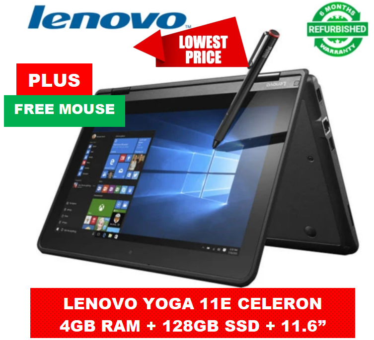 PROMOTION!! Lenovo Yoga 11e X360 Celeron 4GB RAM +  128GB SSD Refurbished Laptop Touchscreen 11.6” Display Windows Office Installed  High Quality Computer  PLUS FREE WIRED MOUSE
