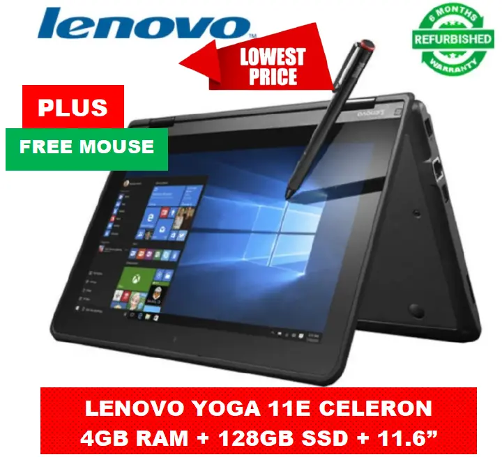 PROMOTION!! Lenovo Yoga 11e X360 Celeron 4GB RAM +  128GB SSD Refurbished Laptop Touchscreen 11.6” Display Windows Office Installed  High Quality Computer  PLUS FREE WIRED MOUSE