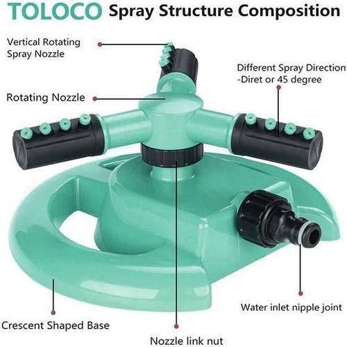 3 Arm 360 Degree Auto-Rotating Water Garden Sprinkler.Three arm sprinkler
2.Fit hose directly onto sprinkler
3. Plastic base with wheels
4. 360 full coverage, long range impulse sprinkling system
5. D