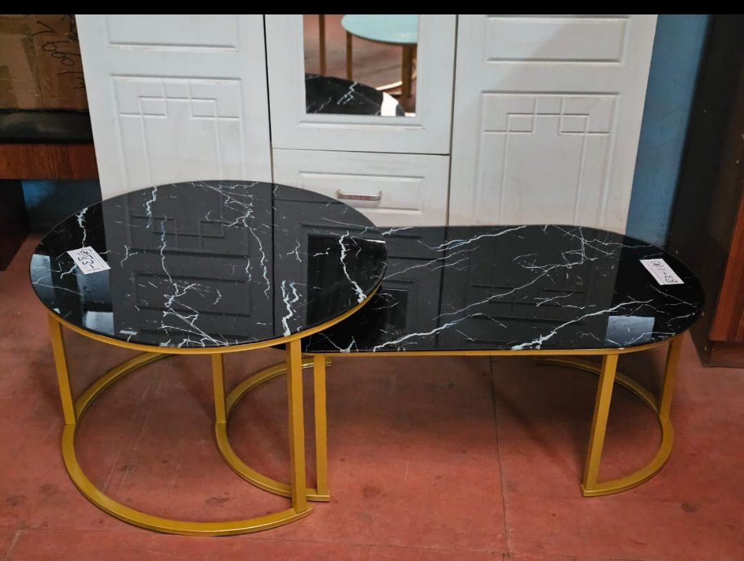 2 in 1 Marble Nesting Coffee Table (Glass Effect) Modern black Round Living Room Coffee Table Set
