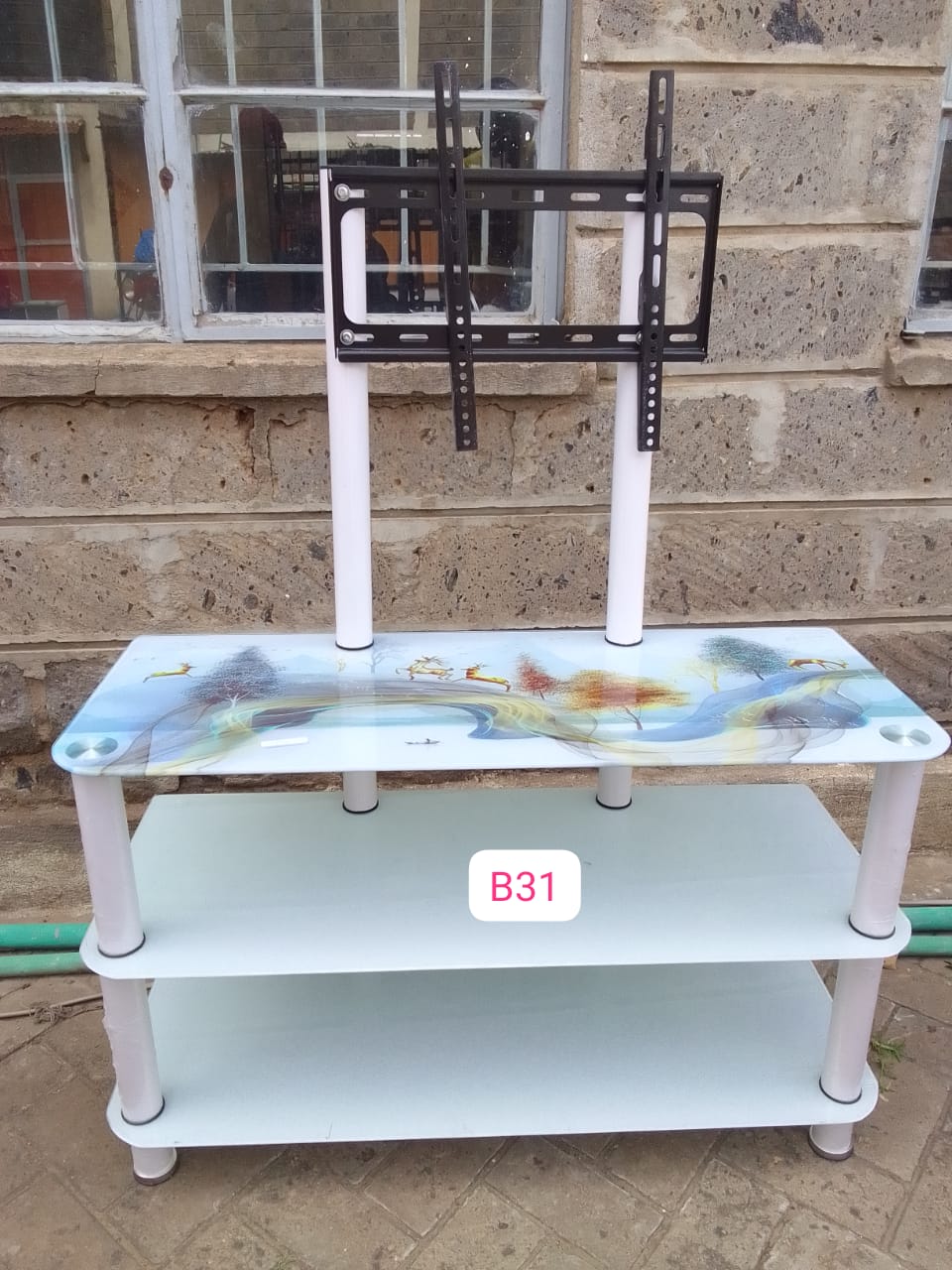White Executive glass  tv stand with wall mount