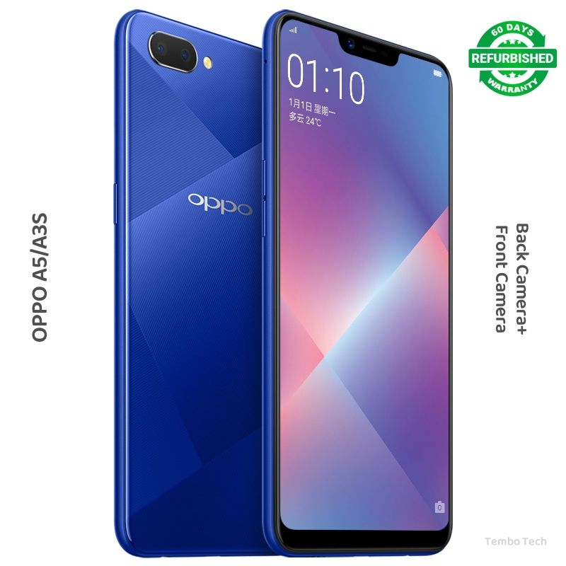 Refurbished OPPO A5(A3S) Smartphone 4G RAM+64G ROM Unlock 5.5" Screen Dual SIM 2G/3G/4G/LTE 18MP+13MP Cameras Fingerprint recognition Bluetooth Split Screen Game Acceleration Google tools
