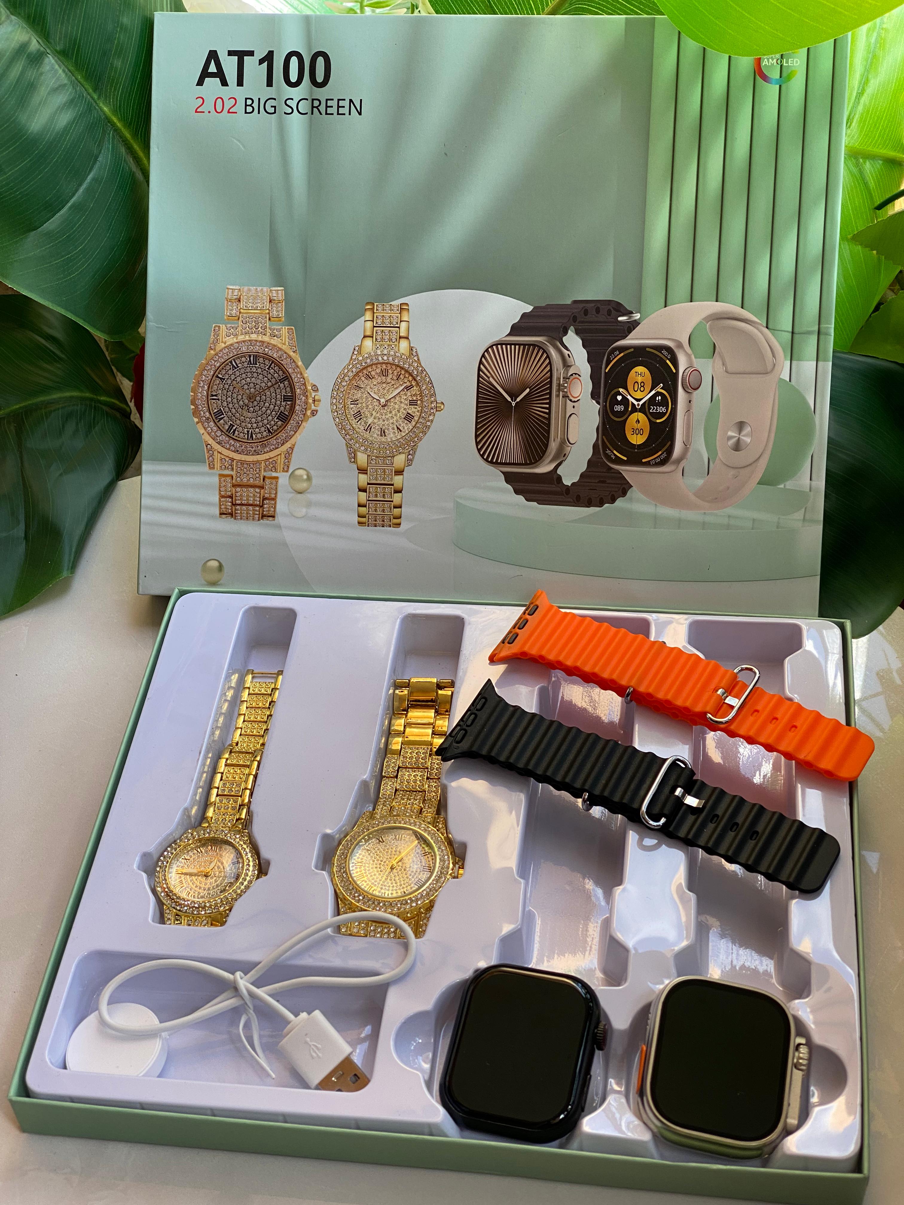🔥🔥NEW IN 🔥🔥

*AT100 COUPLES SMART WATCH *

❇️2 Smart watches
❇️2 analogue watches
❇️Pocket Mirror
❇️Charger

Features:
▪️Sports Functions: walking,Cycling,Running,jogging
▪️Message/call/other apps