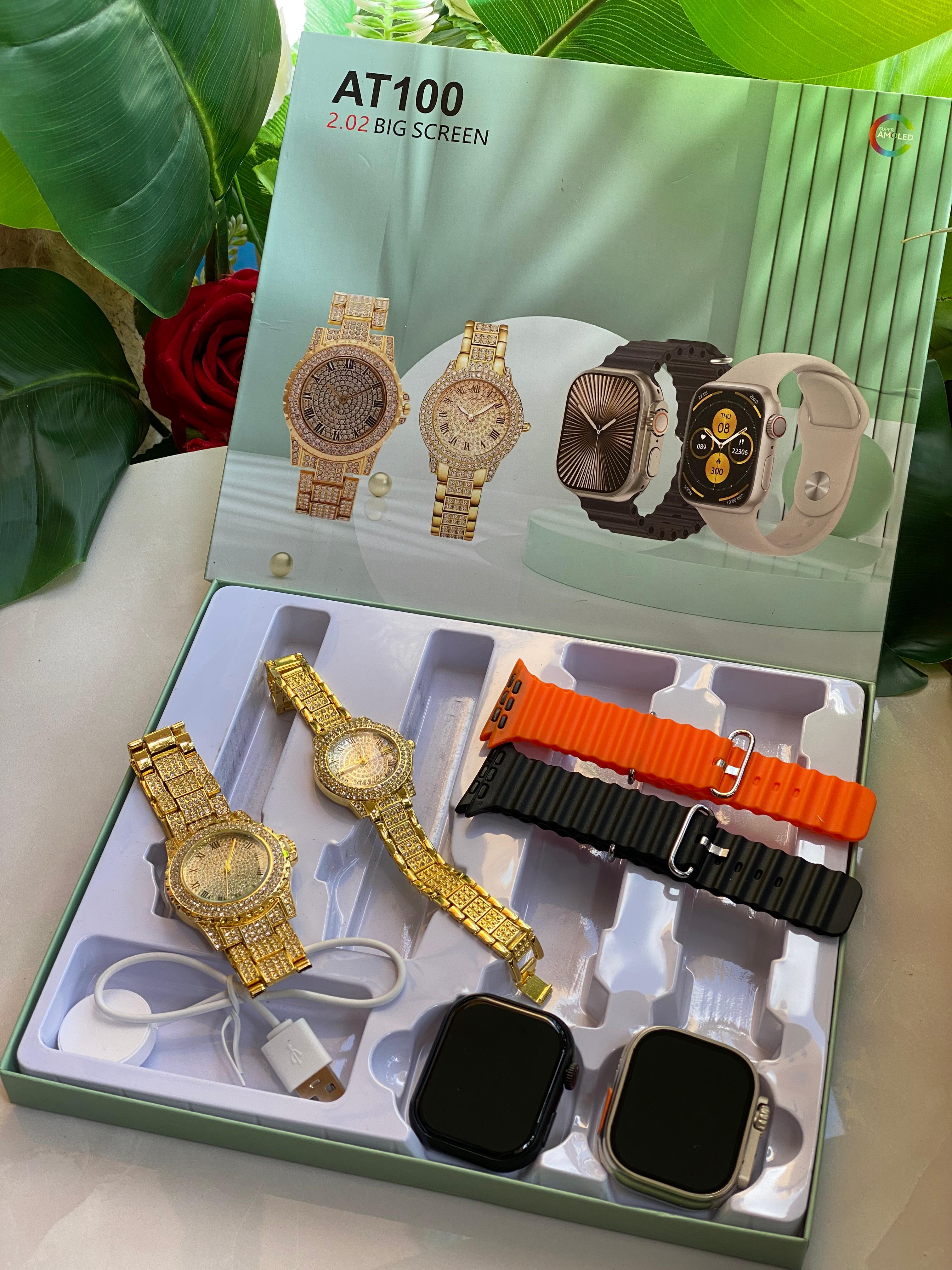 🔥🔥NEW IN 🔥🔥

*AT100 COUPLES SMART WATCH *

❇️2 Smart watches
❇️2 analogue watches
❇️Pocket Mirror
❇️Charger

Features:
▪️Sports Functions: walking,Cycling,Running,jogging
▪️Message/call/other apps
