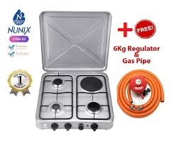🔥🔥Up to 40 %Off📍🍡Nunix LT04-02 - 3 Gas Burner + 1 electric Table Top Cooker Silver 3 + 1 Nunix 3 + FREE Gas Pipe and Regulator