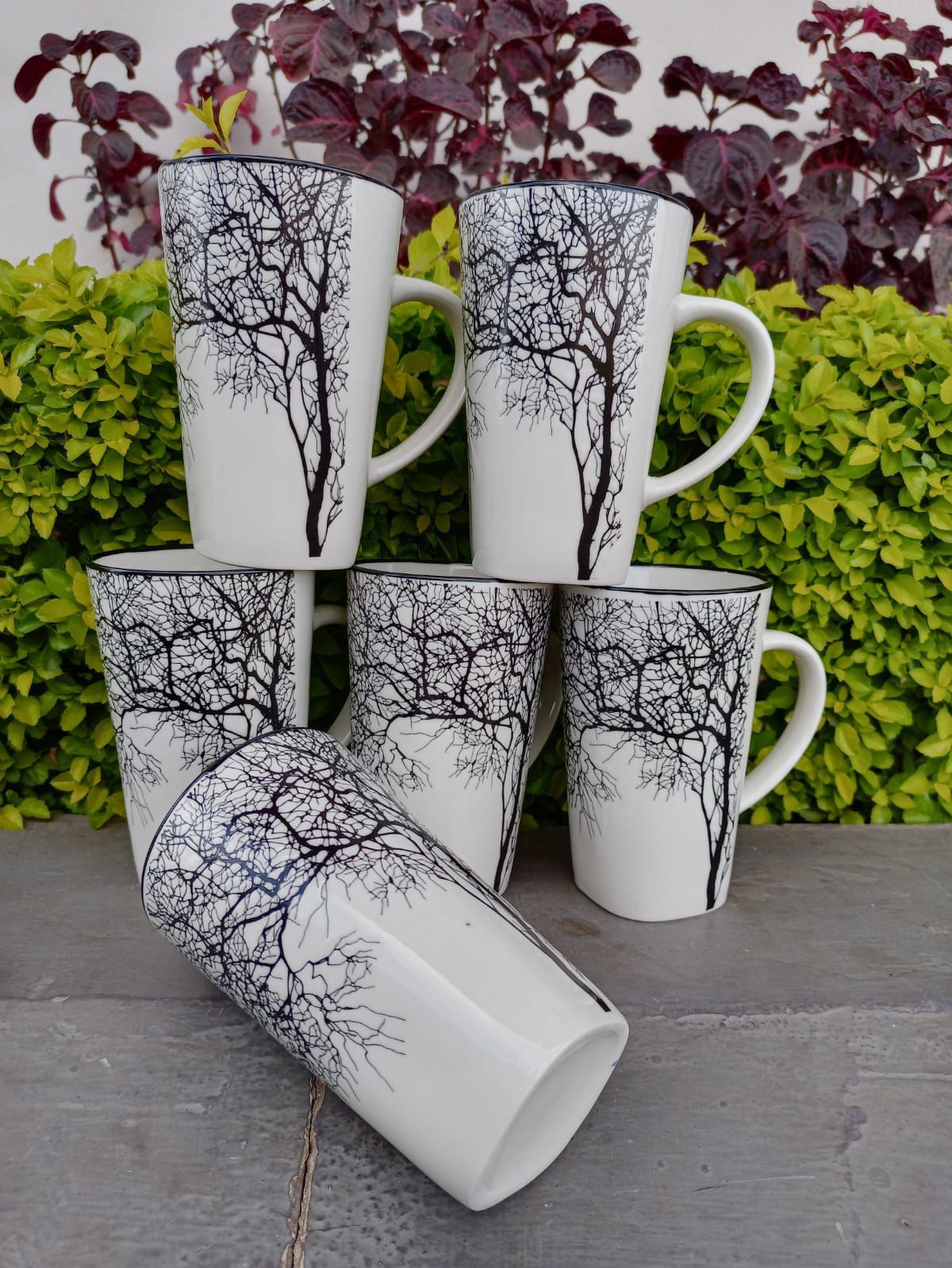 Ceramic Tree Mugs, Set Of 6 Pieces Ceramic Coffee Cups With Big Handle For Latte, Hot Tea, Cappuccino, Cocoa And Mocha - Dishwasher & Microwave Safe,