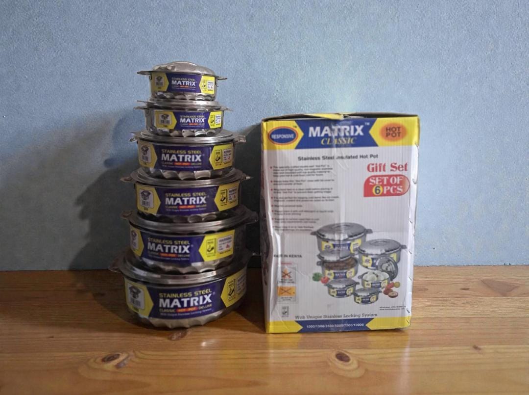 Matrix 6pcs Premium Stainless Steel Heavy Gauge Insulated Casserole Hotpots.Keeps food hot and fresh up to 6 Hours
Double wall strong and insulated.
Ideal even for carrying during travel,picnics etc
H