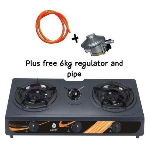 Nunix 3 Burner Stainless Steel Table Top Gas Cooker With Auto Ignition + FREE 1 M Pipe, 6 Kg Regulator & Clips- Recommended.Tempered Glass Surface Auto Ignition with piezo Whirlwind burner for more du