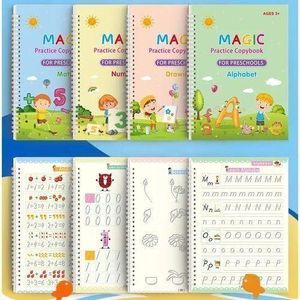 Sank Magic Practice Copybook, (4 BOOK + 4REFILL) Number Tracing Book For Preschoolers With Pen, Magic Calligraphy Copybook Set Practical Reusable Writing Tool Simple Hand Lettering