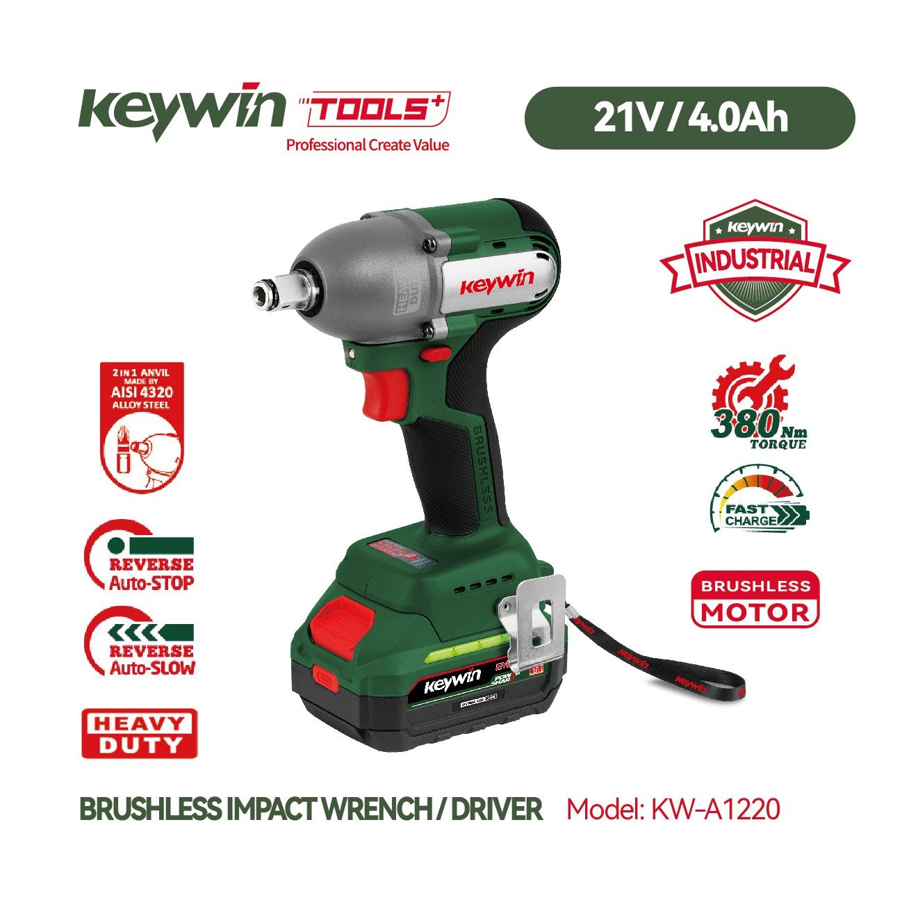 [ Special Offer ] KEYWIN Professional 21V Lithium Brushless Electric Impact Wrench Cordless Model KW-A1220 Brushless Cordless Impact Drill Driver