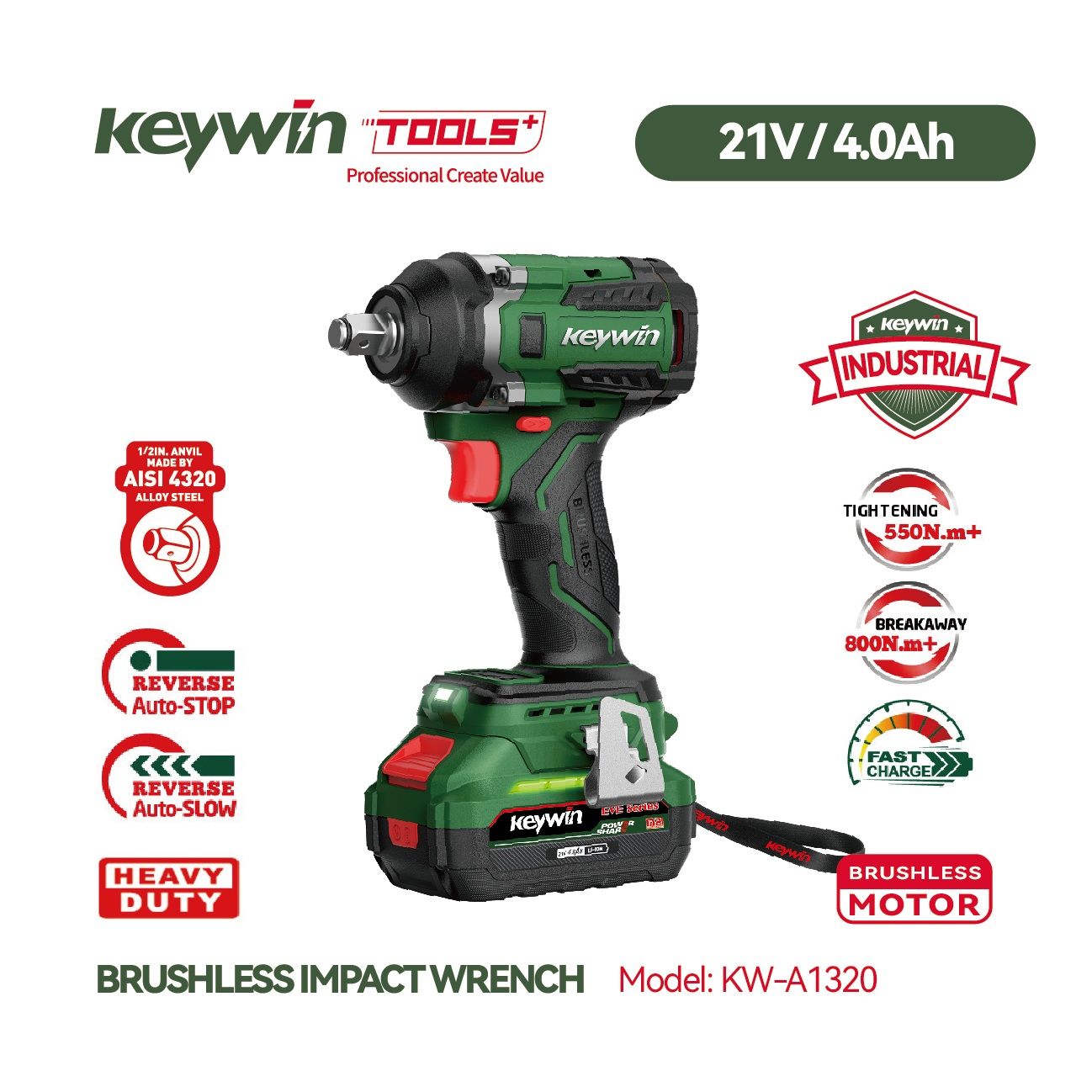 KEYWIN Cordless Electric Drill 21V Electric Drill Impact Wrench Cordless Drill Model KW-A1320 Set (Without 1 4.0Ah battery pack and charger)  Brushless Cordless Impact Drill Driver
