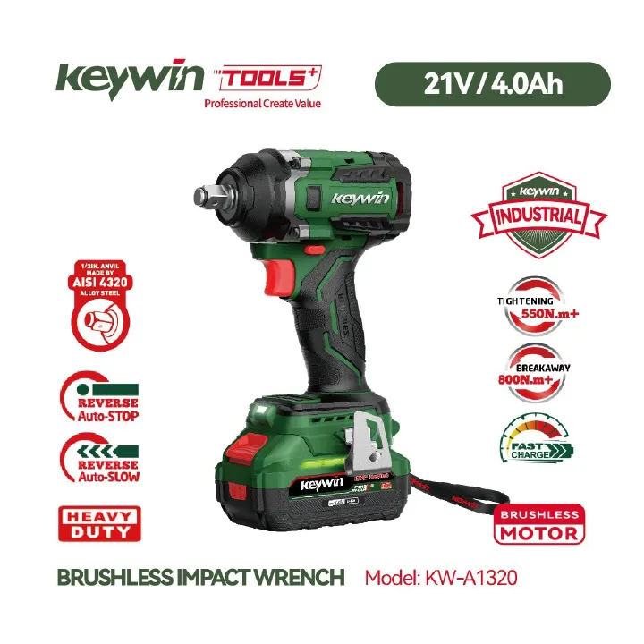 KEYWIN Cordless Electric Drill 21V Electric Drill Impact Wrench Cordless Drill Model KW-A1320 Set (Without 1 4.0Ah battery pack and charger)  Brushless Cordless Impact Drill Driver