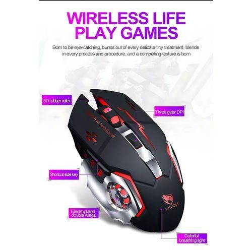 T-WOLF Q13 Gaming Wireless Mouse Rechargeable 2.4GHz 2400dpi USB Mice 6D Optical LED Light For Gamer PC, Mac