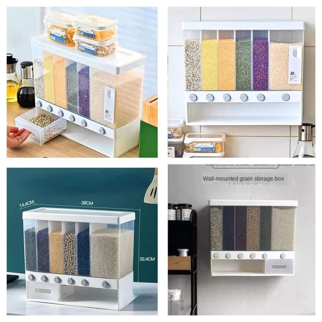 CEREAL DISPENSER. Partitioned Multifunctional cereal/rice dispenser, 6 compartments, Comes with measuring cup and  adhesive sticker for sticking on wall, Capacity 10kgs