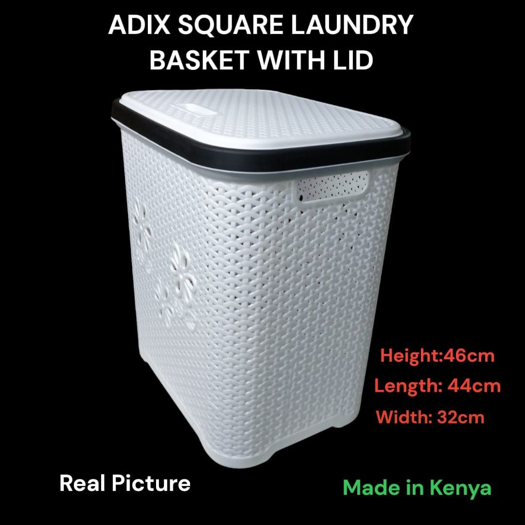 Adix Square Laundry Basket with Lid – Durable Plastic Clothes Hamper for Home, Bathroom, or Laundry Room Storage with Ventilated Design and Easy-Close Lid