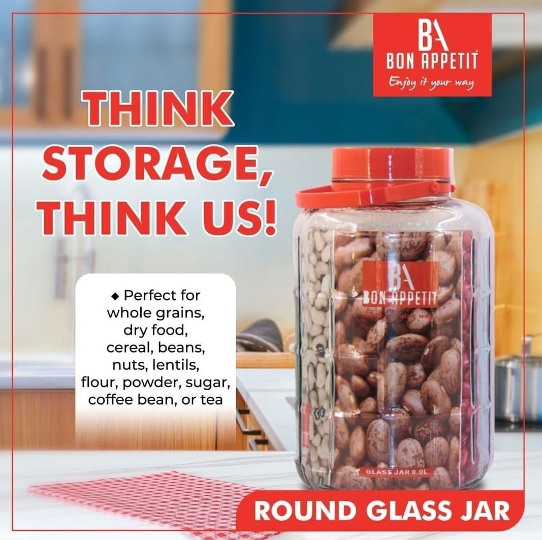 Bon Appetit Round Glass Jar – Premium Airtight Kitchen Storage Container for Spices, Snacks, Grains, and More with Elegant Clear Design and Secure Lid