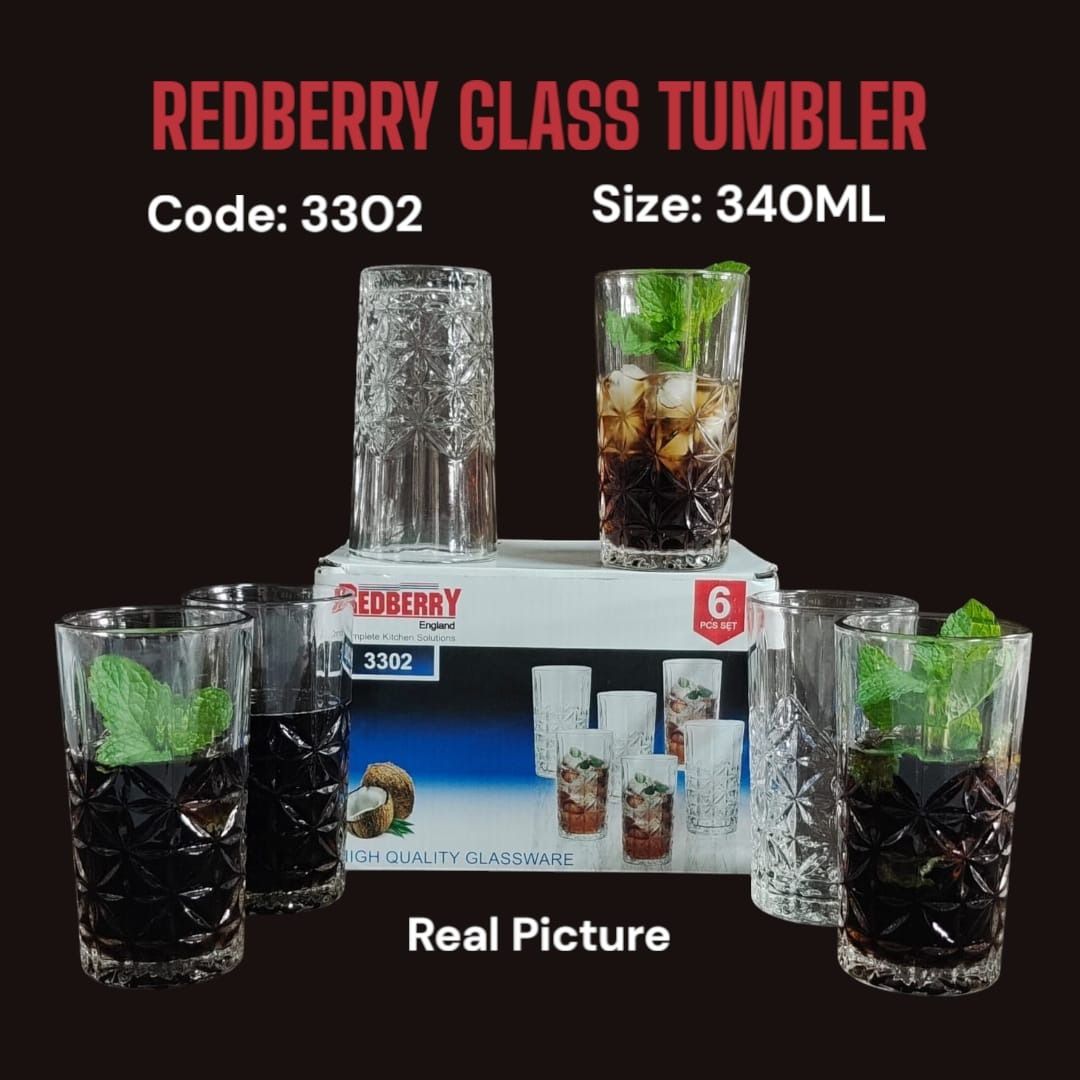 Redberry Plain Glass/Tumbler 340ml 6pcs – Premium Quality Clear Drinking Glasses Set for Home, Office, and Special Occasions
