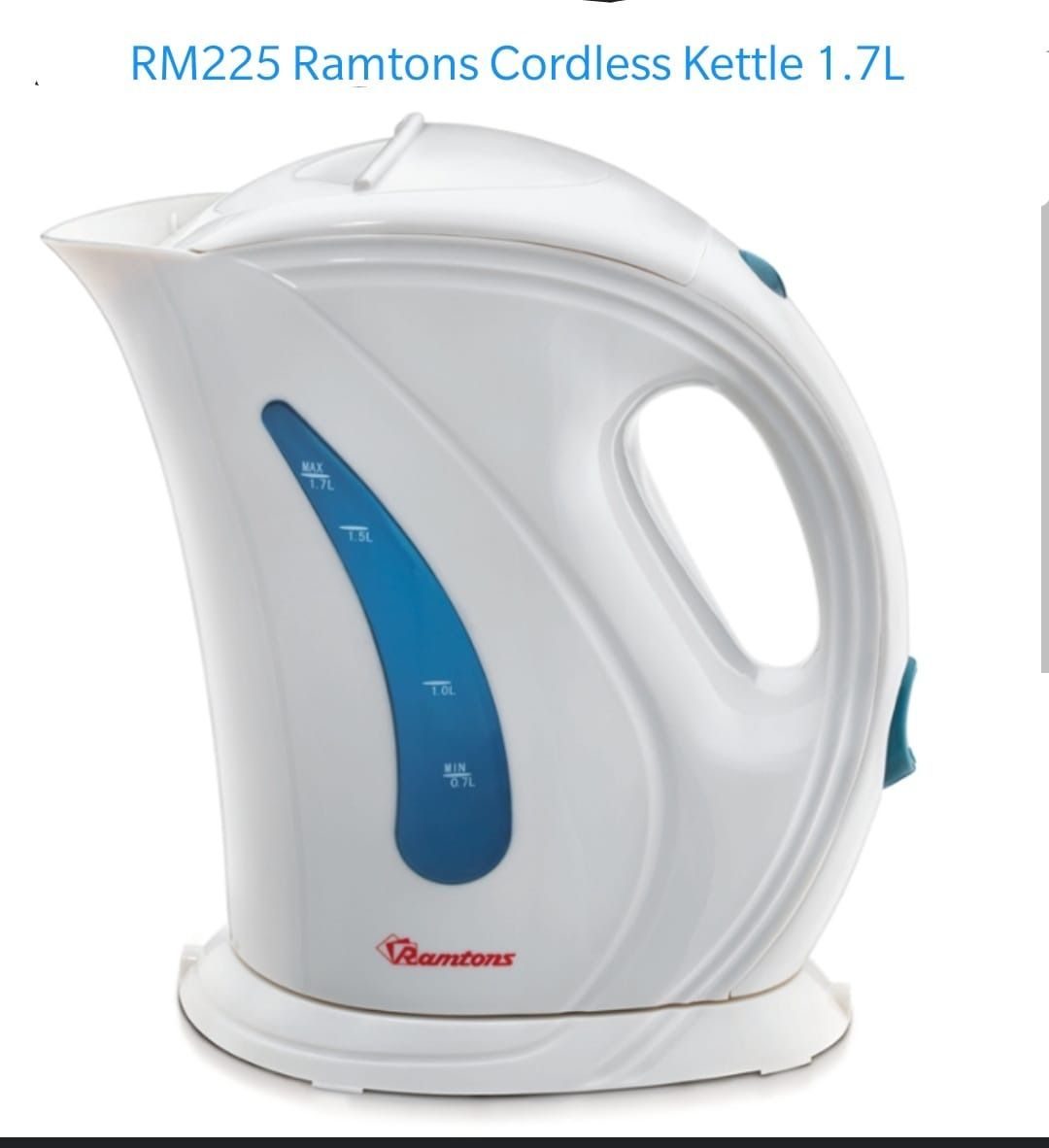 RM225 Ramtons Cordless Electric Kettle 1.7L – 2200W Fast Boil, Auto Shut-Off, Boil-Dry Protection, Indicator Light, Sleek White & Blue Design – Ideal for Home and Office Use