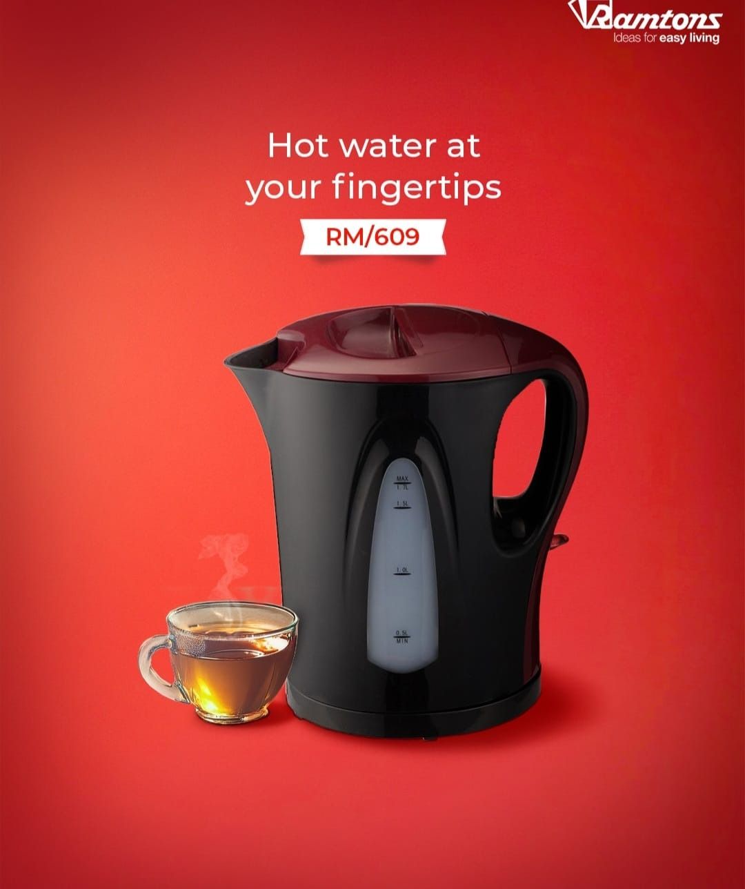 RM609 Ramtons Cordless Electric Kettle 1.7L – 2200W Fast Boil, Auto Shut-Off, Boil-Dry Protection, Water Gauge, Indicator Light, Anti-Slip Base – Sleek Black & Red Design for Home and Office Use