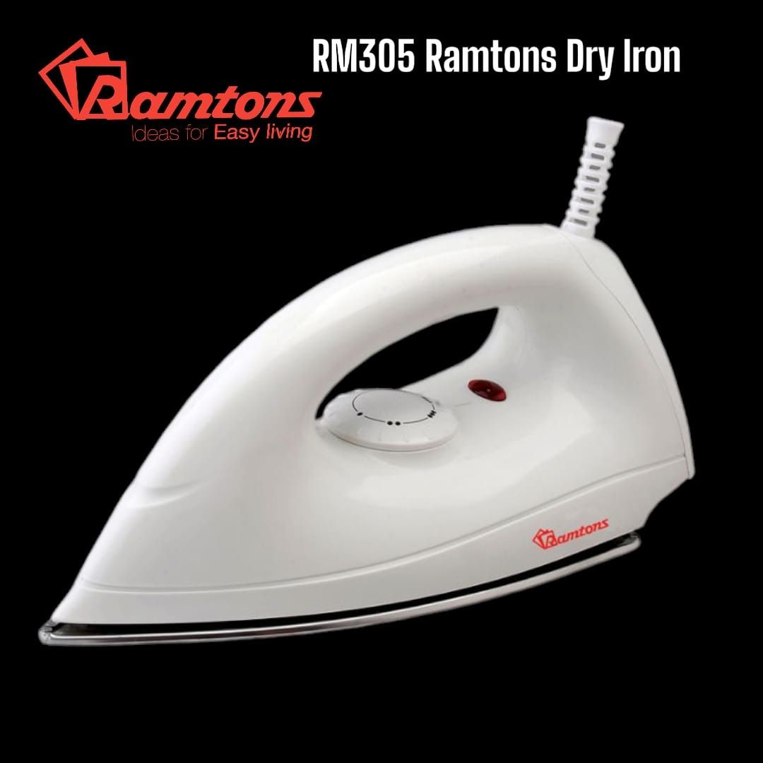 RM305 Ramtons Dry Iron Box – 1000W Non-Stick Soleplate, Thermal Fuse, Indicator Lamp, Adjustable Cord – Lightweight and Efficient for Everyday Ironing