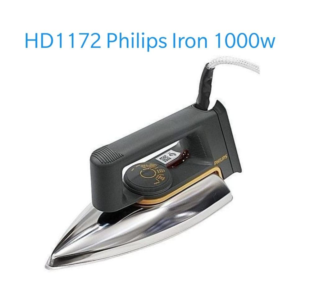 Philips HD1172 Classic Dry Iron 1000W – Linished Aluminium Soleplate, 1.9m Cord, Pointed Tip, Temperature Control, Button Groove, Lightweight Design – Black & Yellow