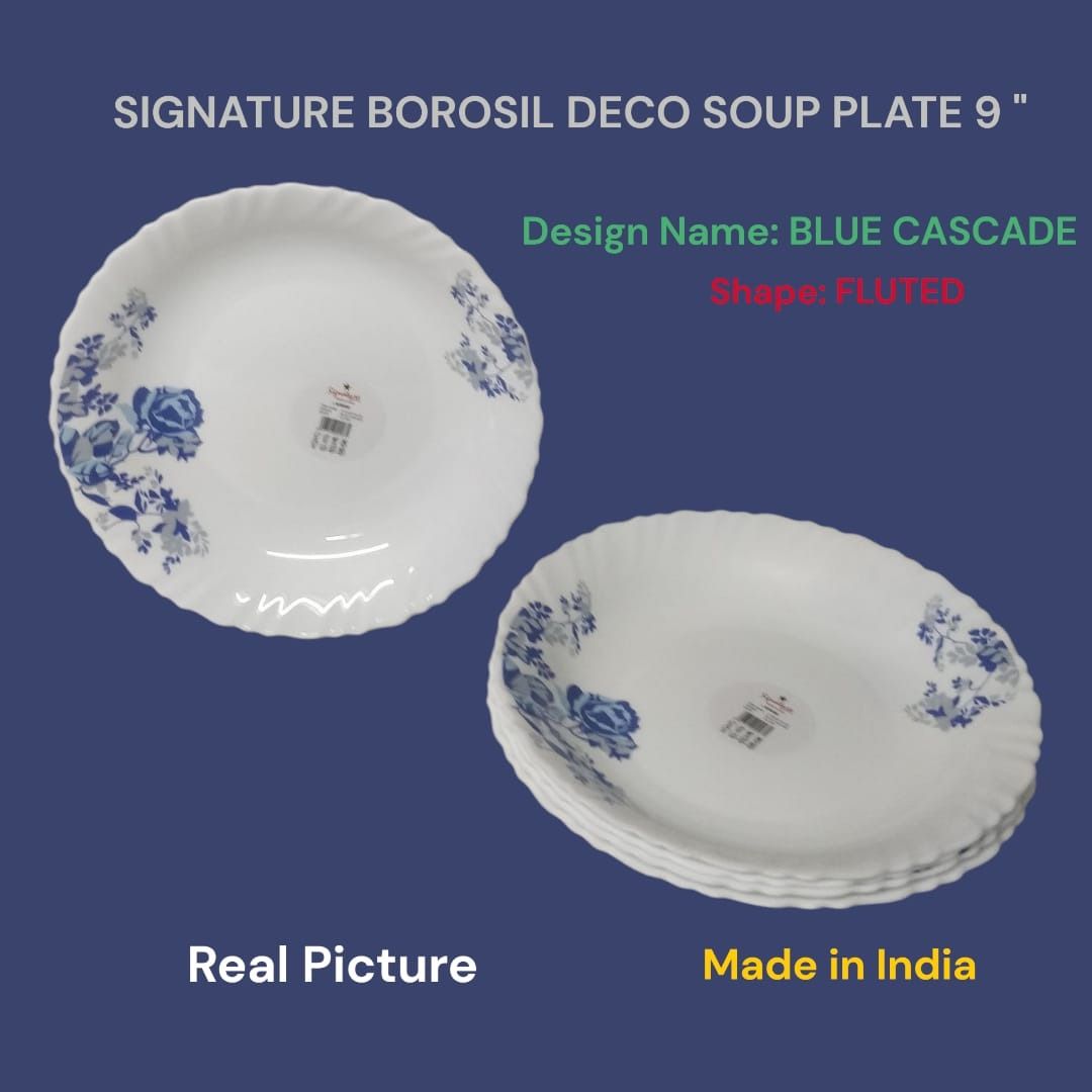 Signature Borosil Deco Soup Plate 9" 6PCS Set – Elegant Glassware, Ideal for Soups & Stews, Microwave Safe, Dishwasher Safe, Durable, Stylish Dining Experience
