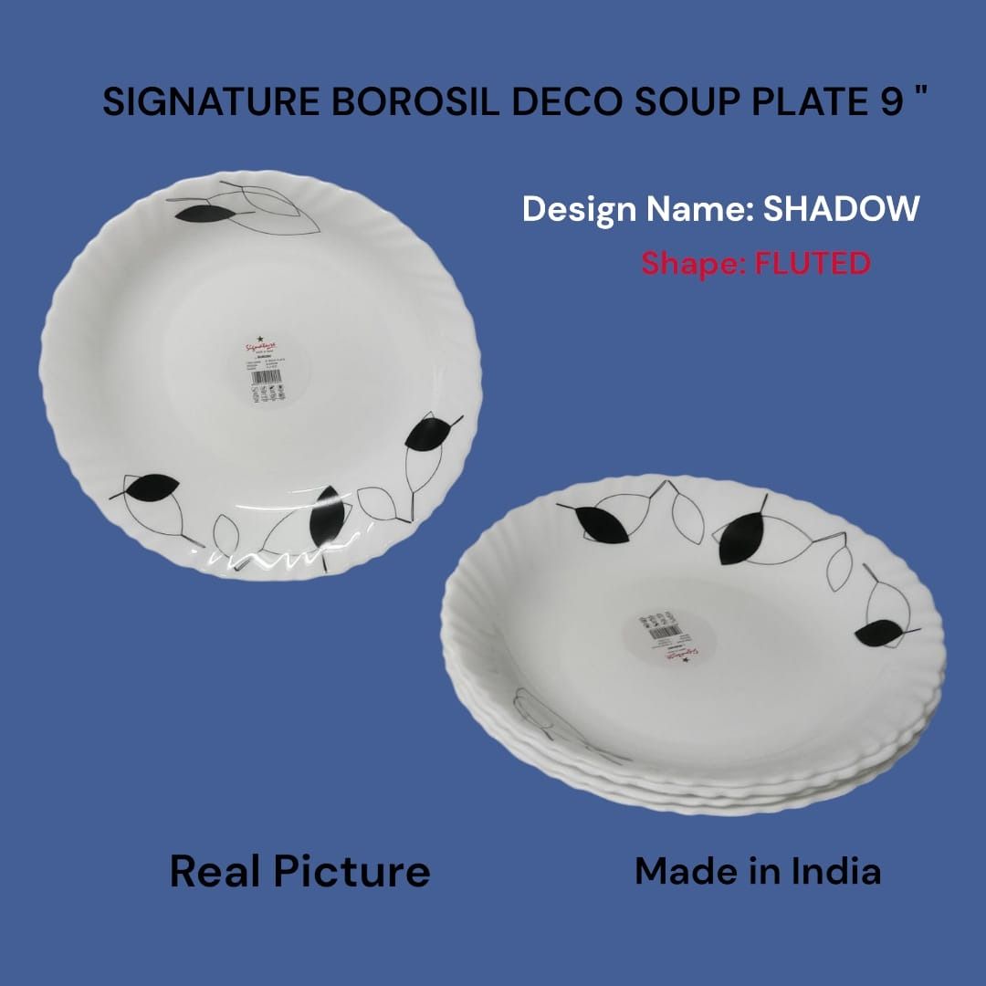 Signature Borosil Deco Soup Plate 9" 6PCS Set – Elegant Glassware, Ideal for Soups & Stews, Microwave Safe, Dishwasher Safe, Durable, Stylish Dining Experience