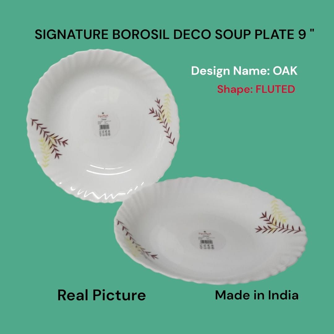 Signature Borosil Deco Soup Plate 9" 6PCS Set – Elegant Glassware, Ideal for Soups & Stews, Microwave Safe, Dishwasher Safe, Durable, Stylish Dining Experience