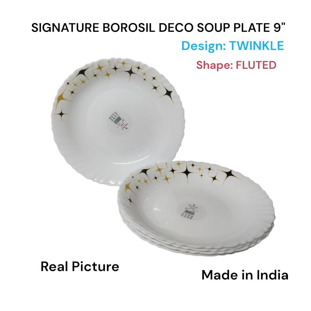 Signature Borosil Deco Soup Plate 9" 6PCS Set – Elegant Glassware, Ideal for Soups & Stews, Microwave Safe, Dishwasher Safe, Durable, Stylish Dining Experience