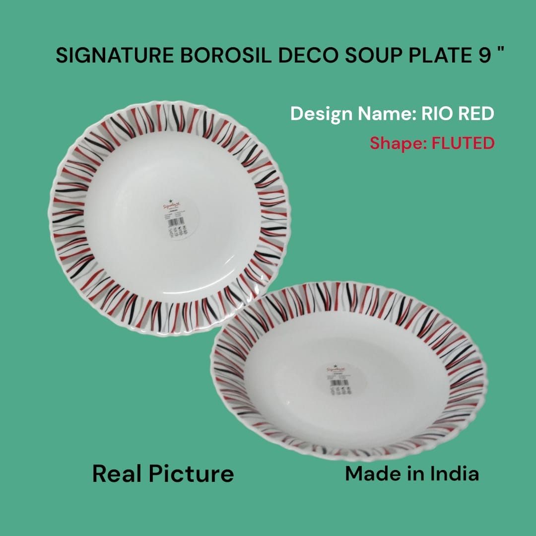 Signature Borosil Deco Soup Plate 9" 6PCS Set – Elegant Glassware, Ideal for Soups & Stews, Microwave Safe, Dishwasher Safe, Durable, Stylish Dining Experience