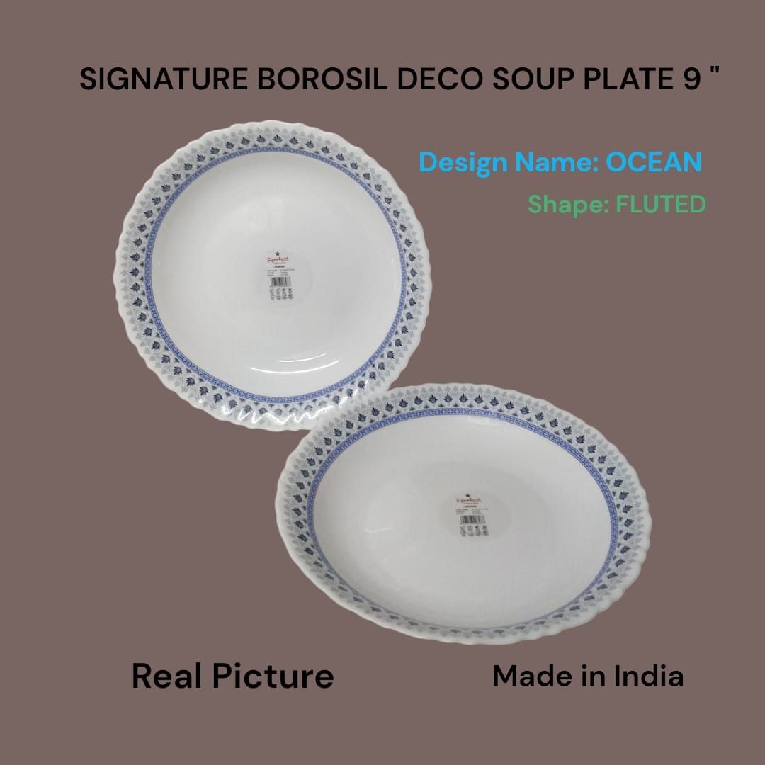 Signature Borosil Deco Soup Plate 9" 6PCS Set – Elegant Glassware, Ideal for Soups & Stews, Microwave Safe, Dishwasher Safe, Durable, Stylish Dining Experience