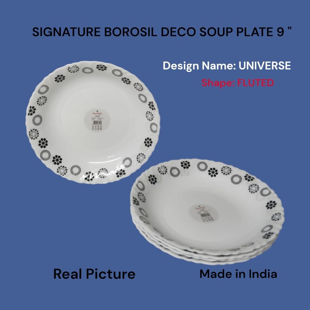 Signature Borosil Deco Soup Plate 9" 6PCS Set – Elegant Glassware, Ideal for Soups & Stews, Microwave Safe, Dishwasher Safe, Durable, Stylish Dining Experience