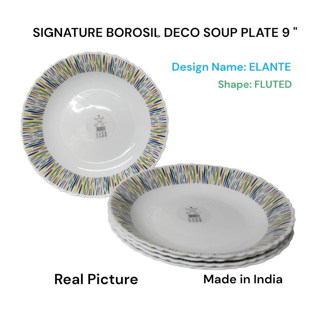Signature Borosil Deco Soup Plate 9" 6PCS Set – Elegant Glassware, Ideal for Soups & Stews, Microwave Safe, Dishwasher Safe, Durable, Stylish Dining Experience