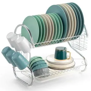 2-Tier Stainless Steel Dish Drainer Drying Rack – Durable Chrome-Plated Kitchen Organizer with Removable Drip Tray, Rust-Resistant and Space-Saving Design for Plates, Bowls, Cups, and Cutlery
