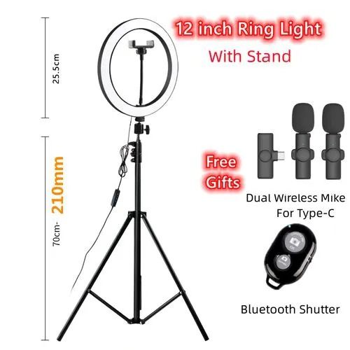 12 Inch Ring Light with Adjustable Stand, Dual Wireless Lapel Microphones, Remote Shutter Kit for Video Recording, Streaming, TikTok, YouTube, Selfies, and Professional Content Creation