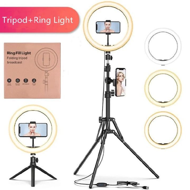 Tiktok mobile live broadcasting anchor beauty LED ring light portable tripod stand selfie telescopic bracket phone holder with adjustable brightness for flawless live streaming and selfies.
