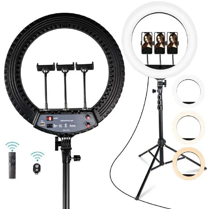 3-Mode Ring Light with Stand & Remote Control – Holds 3 Phones, Adjustable Dimming for Perfect Lighting Every Time, Ideal for Streaming, Vlogging, Makeup, and Photography