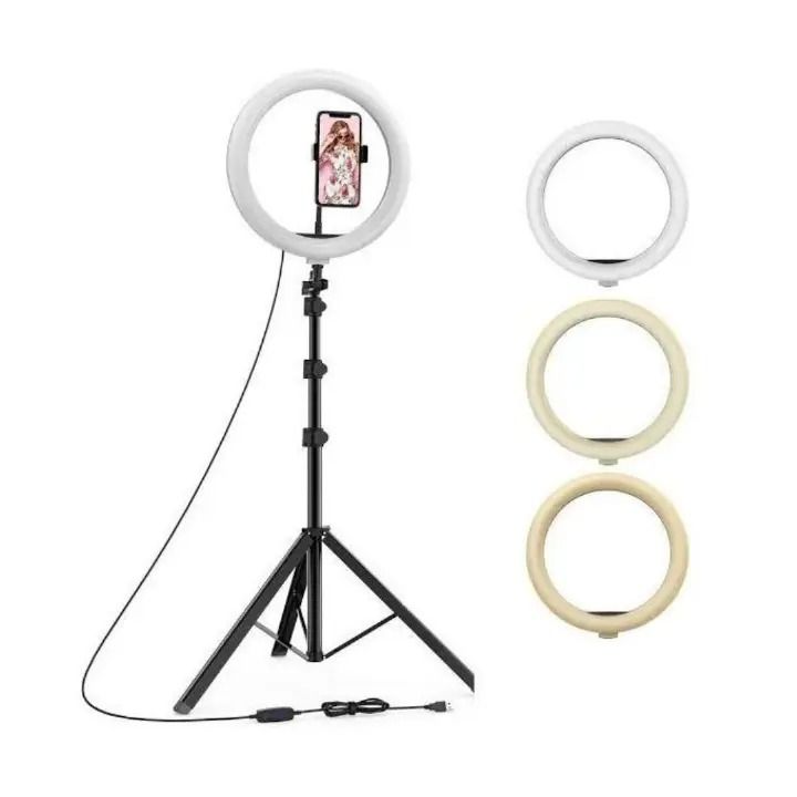 3 coloured 8-inch ring light tripod for selfies, makeup, and studio lighting with adjustable 2.1m stand, perfect for content creators, vloggers, and professional photography setups