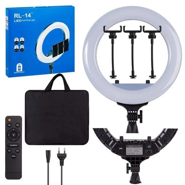 14 Inch RL-14 Ring Light Lamp 3-Color LED Photographic Studio Ring Light with 3 Adjustable Phone Holders and Remote Control for Professional Selfies, Vlogs, and Streaming