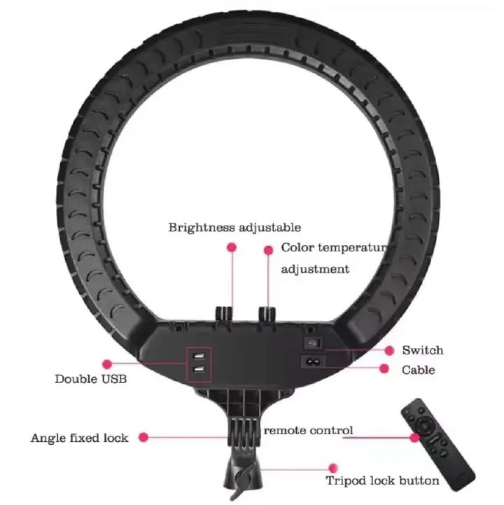 14 Inch RL-14 Ring Light Lamp 3-Color LED Photographic Studio Ring Light with 3 Adjustable Phone Holders and Remote Control for Professional Selfies, Vlogs, and Streaming