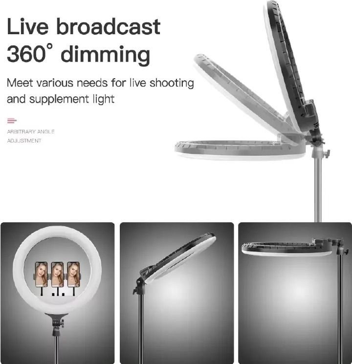 14 Inch RL-14 Ring Light Lamp 3-Color LED Photographic Studio Ring Light with 3 Adjustable Phone Holders and Remote Control for Professional Selfies, Vlogs, and Streaming