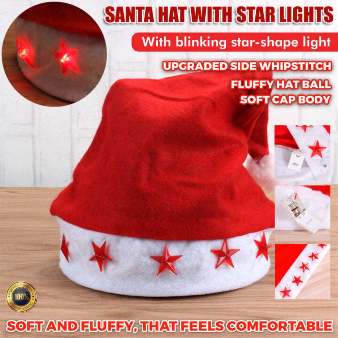 3pcs of Christmas soft and fluffy santa hat Hats with music and lights
