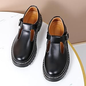 Black Leather Official School Shoes - Unisex Official and Girls' Mary Jane shoes with a platform sole - Fashion Back to School Shoes