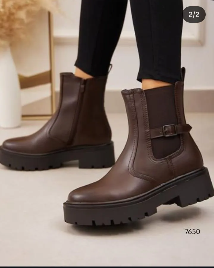 Girls Boots size 25-36 Leather-look Ladies boots with a black lug sole, side buckle detail, and a pull tab