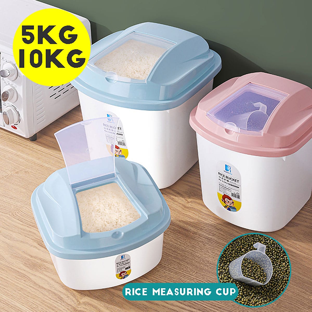 5kg Moisture Proof Rice Bucket.Rice bucket 5kg rice bucket with wheelsComes with a measuring cupMade of hard plastic.Has a pink coverGood for storing cereal and dry food.Labelled in measurement to kno