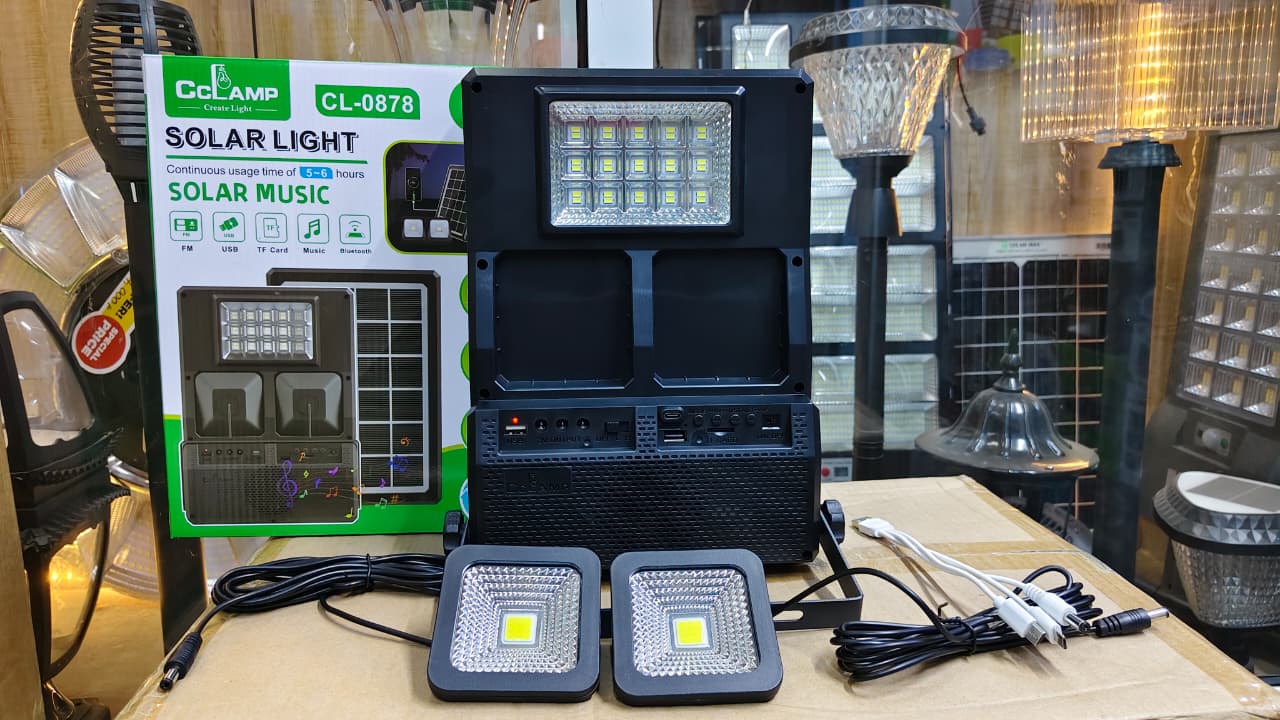 MASSIVE OFFER🎇CcLamp CL-0878 Solar Lighting Music System📍* Inbuilt 8W Solar Panel.
* Radio / BT Speaker.
* 3600mAh.
* 2 led lights.
* Mobile charging.