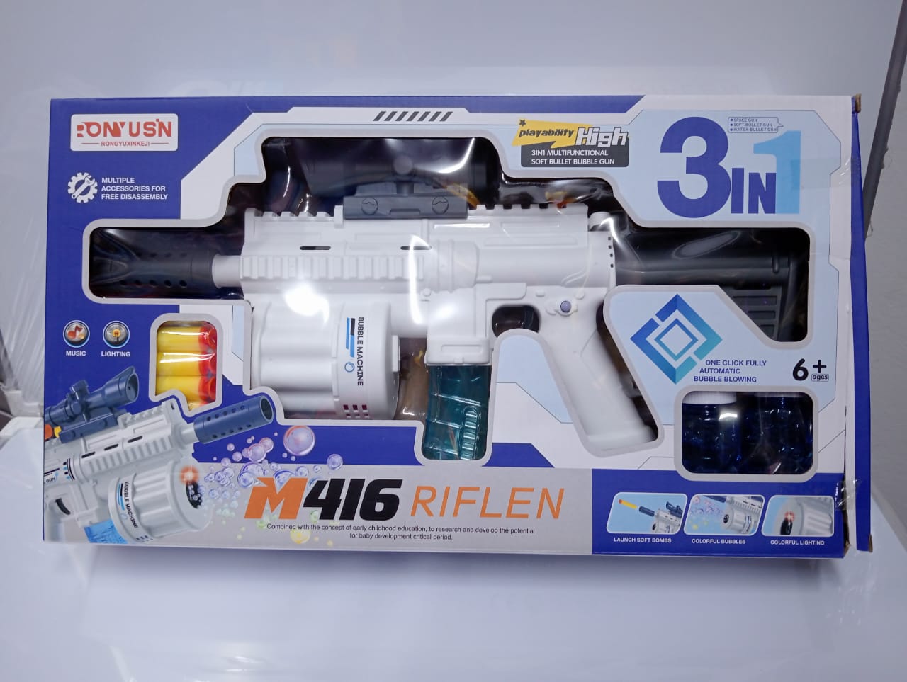 🥳🥳3-in-1 Ultimate Action Blaster – Bubble Gun, Foam Dart Shooter & Light-Up Musical Toy🤸🤸Shoots a continuous stream of shimmering bubbles at the pull of a trigger.

Dart Launcher: Fires soft, safe