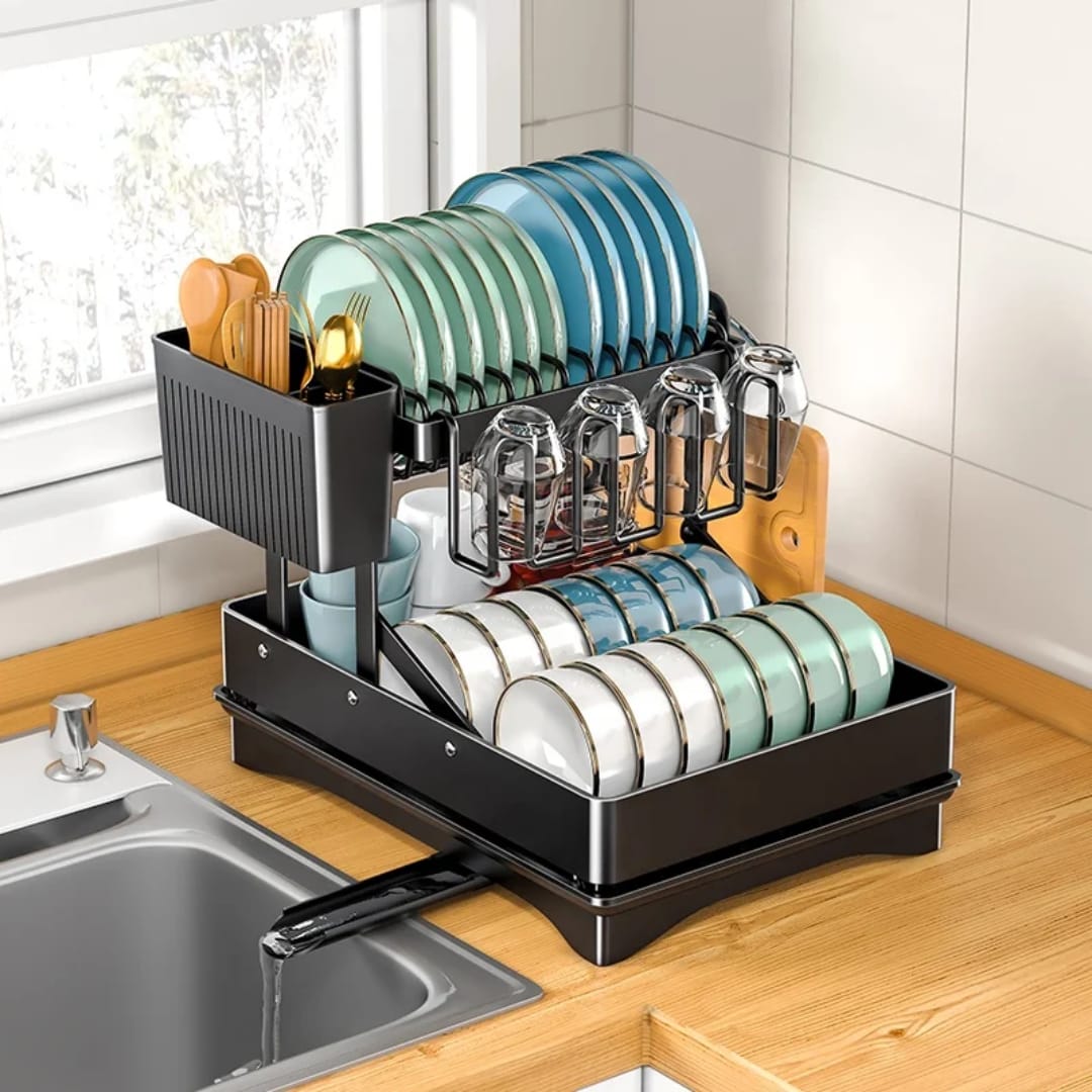 BEST DEAL‼️‼️Hot Sale Dish Drying Rack, 2 Tier Dish Rack with Drain Board for Kitchen Counter, Stainless Steel Dish Drainer with Drainage Utensil Holder, Cutlery Rack, Cup Holder, Cutting Board Holder