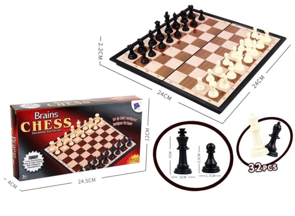 This is a "Brains Chess" magnetic chess set. Key features include: 
Educational Focus: Marketed as an intelligence development game to boost strategic thinking and problem-solving skills. 
Magnetic Pi